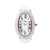 Oval watch with cubic zirconia, japanese movt, stainless steel back and white leather strap