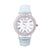 Round watch with cubic zirconia, japanese movt, stainless steel back and light blue leather strap