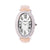 Oval watch with cubic zirconia, japanese movt, stainless steel back and beige leather strap