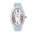 Oval watch with cubic zirconia, japanese movt, stainless steel back and light blue leather strap