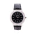 Round watch with cubic zirconia, japanese movt, stainless steel back and black leather strap