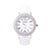 Round watch with cubic zirconia, japanese movt, stainless steel back and white leather strap