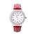 Round watch with cubic zirconia, japanese movt, stainless steel back and red leather strap