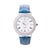 Round watch with cubic zirconia, japanese movt, stainless steel back and blue leather strap